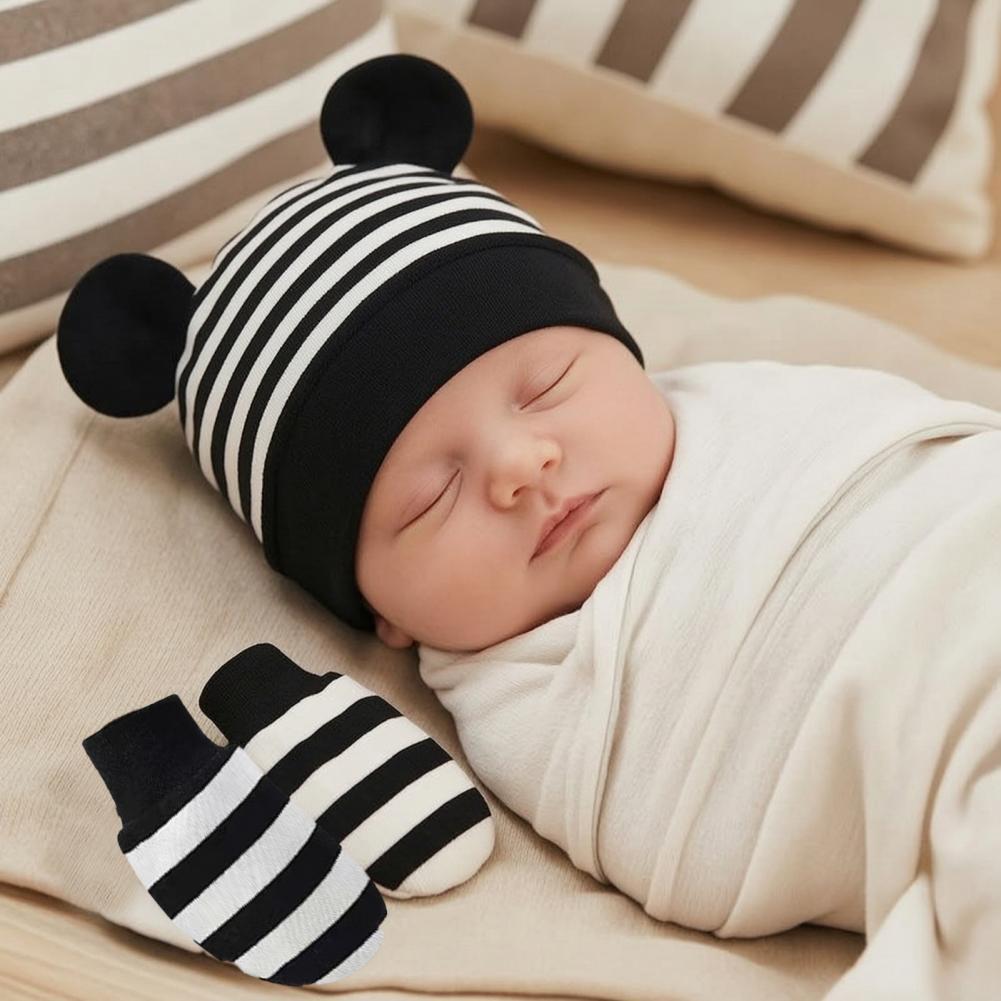 Infant Beanie Hat With Ears - Luvas Anti-arranhões para Bebês, Conjunto de