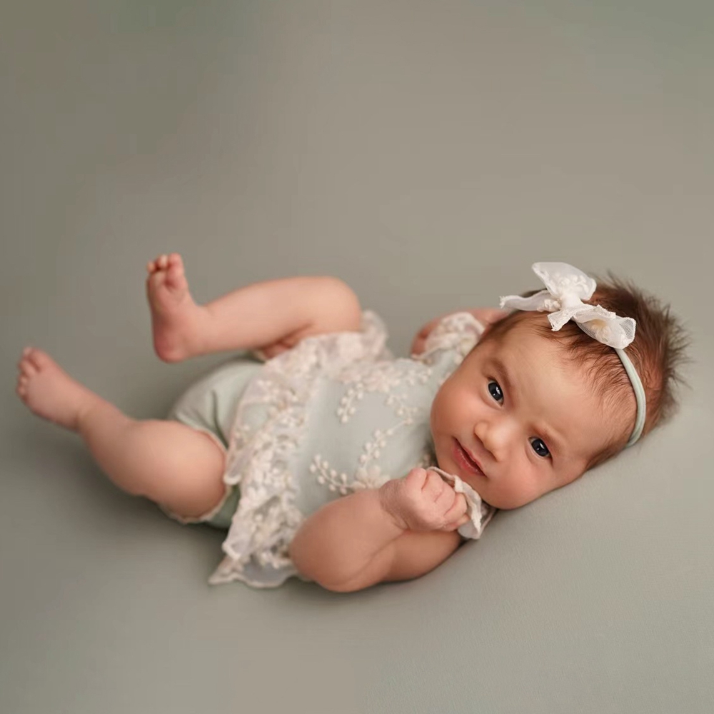 Newborn Baby Girl Romper Floral - Macacão de Renda Verde Pastel para