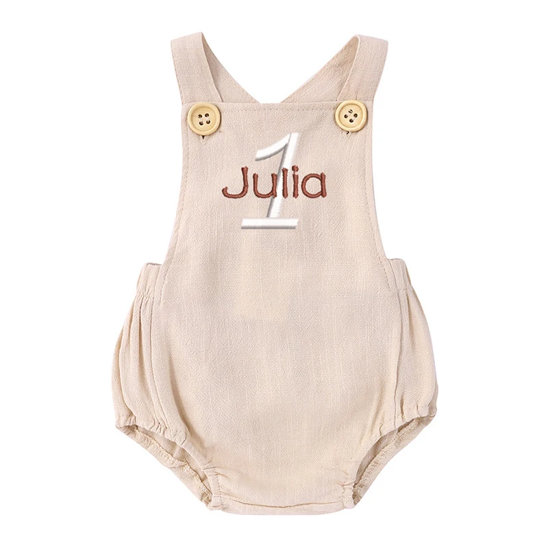 Baby Summer Linen Sleeveless Jumpsuit - Nome bordado 1o aniversário macacão personalizado